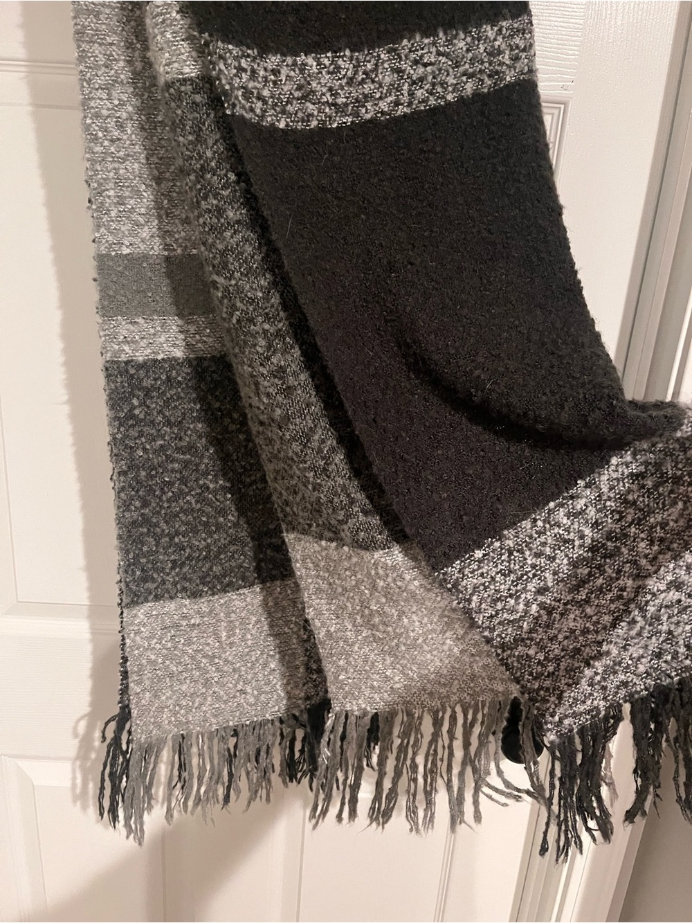 Cozy Black & Gray Woven Scarf- Soft Fringe Accent